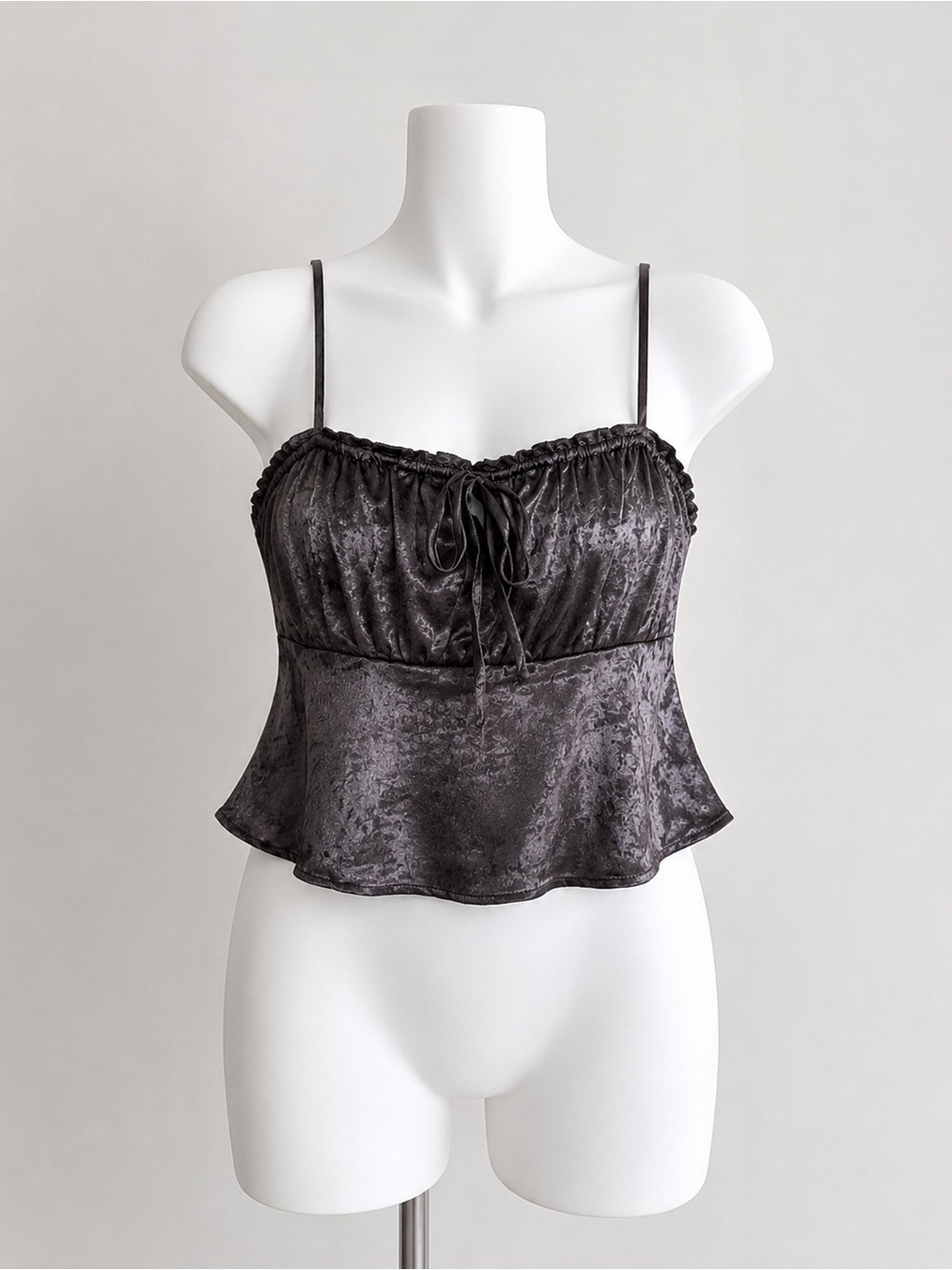 No Boundaries Black Velvet Peplum Cami with Tie Front